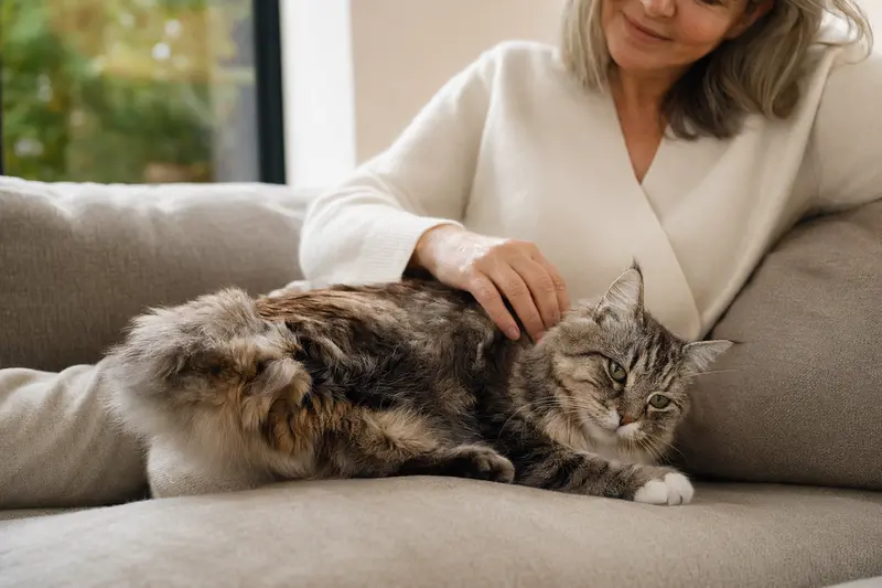 Eine ältere American Bobtail Katze wird liebevoll von ihrem Besitzer auf einem gemütlichen Sofa gestreichelt und genießt die entspannte Atmosphäre.