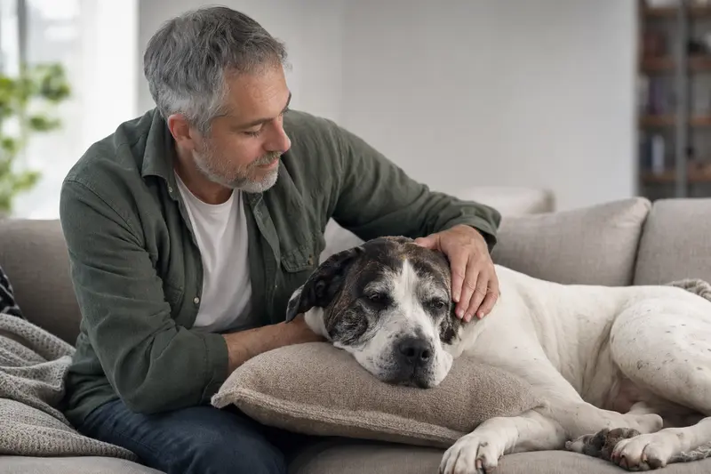 Ein älterer American Bulldog entspannt auf einem Sofa, während sein Besitzer ihn liebevoll streichelt.