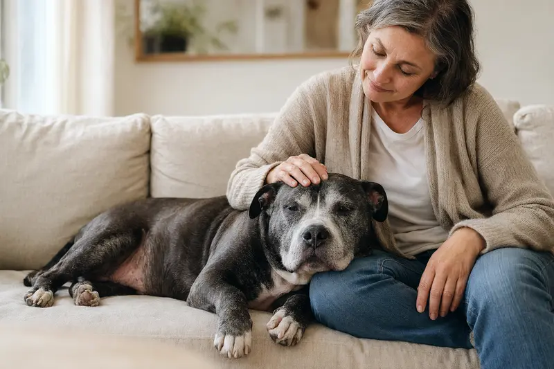Ein älterer American Bully Hund liegt entspannt auf einem Sofa, während sein Besitzer ihn liebevoll streichelt und eine warme Lichtstimmung schafft.