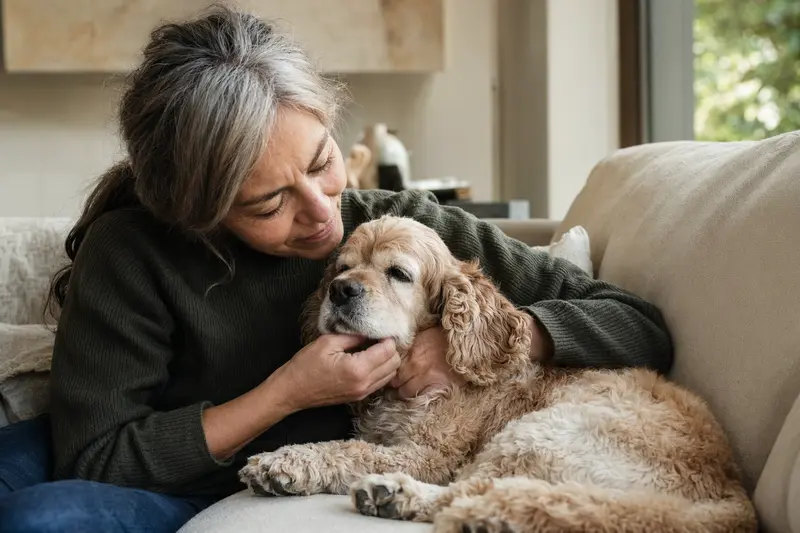 Ein älterer American Cocker Spaniel entspannt auf einem Sofa, während sein Besitzer ihn liebevoll streichelt.