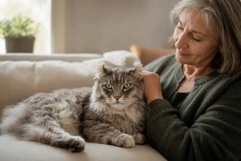 Eine ältere American Curl Katze kuschelt auf einem gemütlichen Sofa, während ihr Besitzer liebevoll streichelt, was eine Atmosphäre von Fürsorge und Sicherheit schafft.