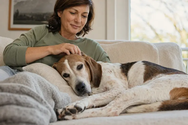 Ein älterer American Foxhound liegt entspannt auf einem Sofa, während sein Besitzer ihn liebevoll streichelt und eine warme Lichtstimmung das Zuhause erhellt.