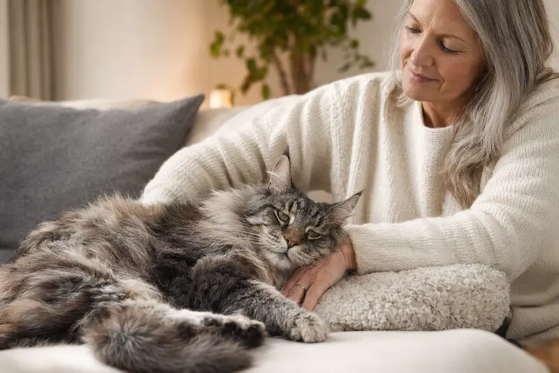 Eine entspannte American Lynx Katze wird liebevoll von ihrem Besitzer auf einem gemütlichen Sofa gestreichelt.