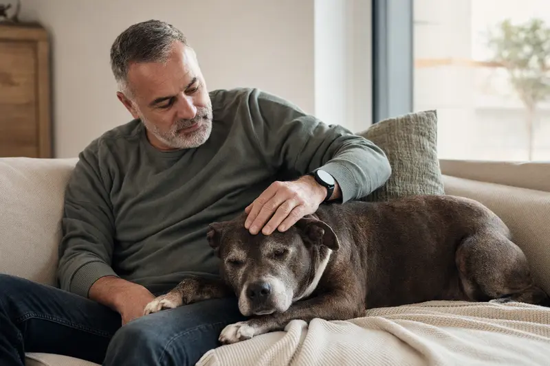 Ein älterer American Pit Bull Terrier liegt entspannt auf einem gemütlichen Sofa, während sein Besitzer ihn liebevoll streichelt und eine warme Lichtstimmung erzeugt.