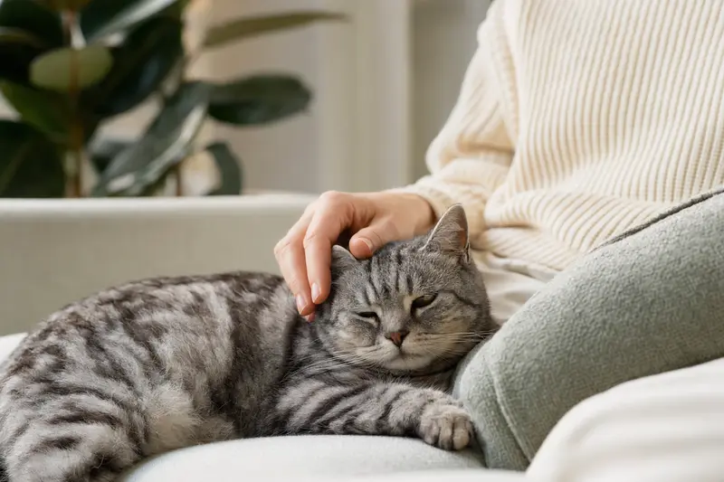 Eine entspannte ältere American Shorthair Katze wird liebevoll von ihrem Besitzer auf einem gemütlichen Sofa gestreichelt.