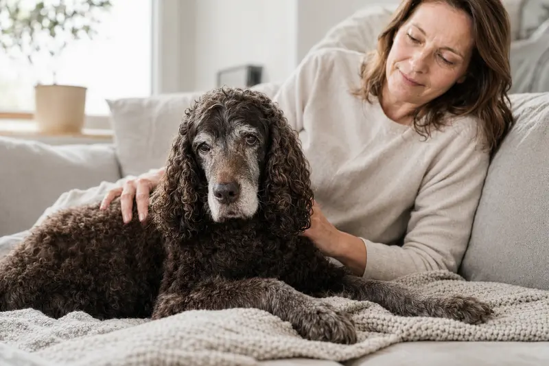 Ein älterer American Water Spaniel entspannt auf einem Sofa, während sein Besitzer ihn liebevoll streichelt, was ein Gefühl von Sicherheit und Fürsorge ausstrahlt.