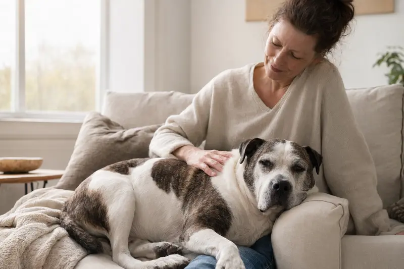 Ein älterer Amerikanische Bulldogge entspannt auf einem gemütlichen Sofa, während sein Besitzer ihn liebevoll streichelt, strahlt Fürsorge und Sicherheit aus.