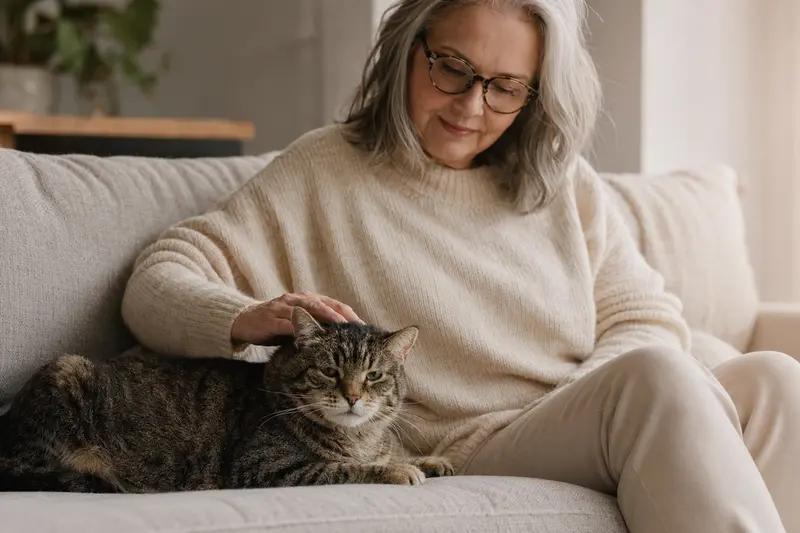 Eine ältere Amerikanische Stummelschwanzkatze liegt entspannt auf einem Sofa, während ihr Besitzer sie liebevoll streichelt.