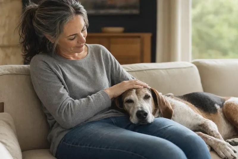 Ein älterer Amerikanischer Foxhound liegt entspannt auf einem Sofa, während sein Besitzer ihn liebevoll streichelt, was ein Gefühl von Fürsorge und Sicherheit vermittelt.