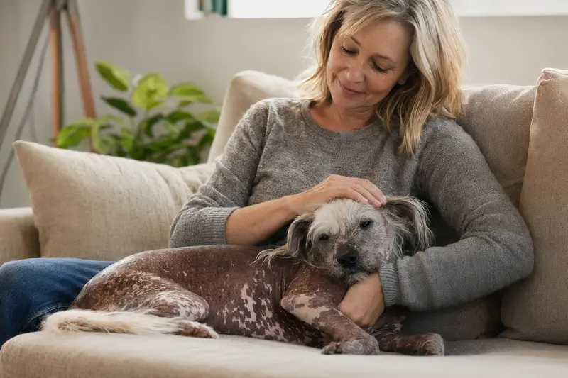 Ein älterer Amerikanischer Nackthund liegt entspannt auf einem Sofa, während sein Besitzer ihn liebevoll streichelt.