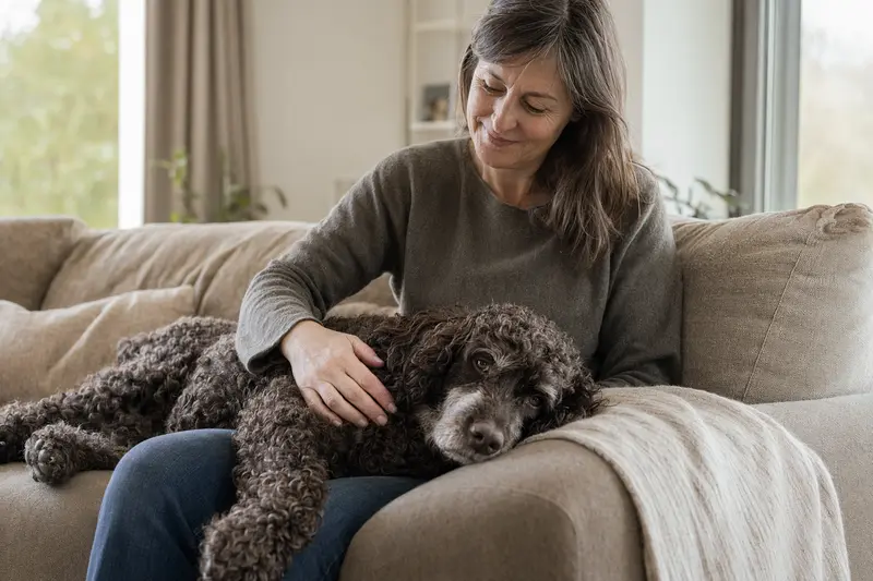 Ein älterer Amerikanischer Wasserspaniel liegt entspannt auf einem Sofa, während sein Besitzer ihn liebevoll streichelt.