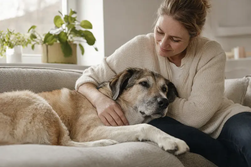 Ein älterer Anatolier Hund liegt entspannt auf einem gemütlichen Sofa, während sein Besitzer ihn liebevoll streichelt und eine warme Lichtstimmung im Raum schafft.