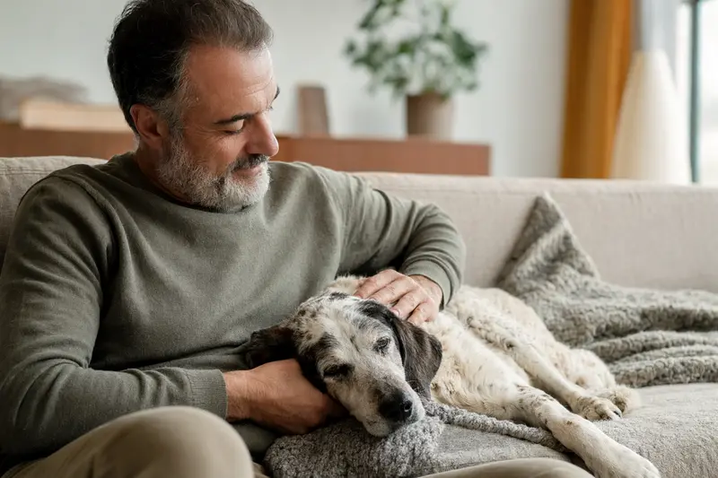 Ein älterer Andalusischer Türke Hund entspannt auf einem Sofa, während sein Besitzer ihn liebevoll streichelt.