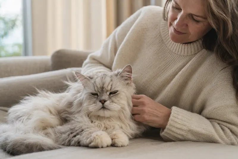Eine ältere Angorakatze liegt entspannt auf einem gemütlichen Sofa, während ihr Besitzer sie liebevoll streichelt.
