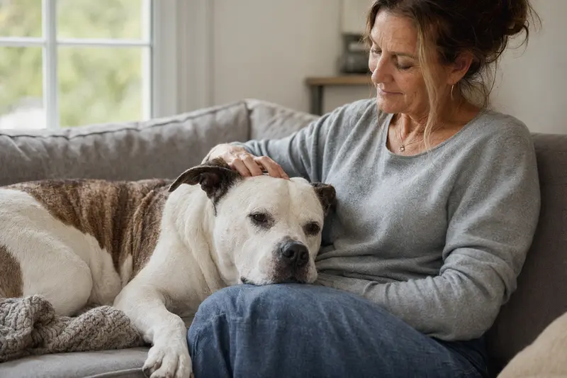 Ein älterer Argentinischer Bulldogge Hund liegt entspannt auf einem gemütlichen Sofa, während sein Besitzer ihn liebevoll streichelt.