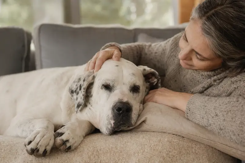 Ein älterer Argentinische Dogge liegt entspannt auf einem Sofa, während der Besitzer ihn liebevoll streichelt und eine warme Lichtstimmung im Raum herrscht.