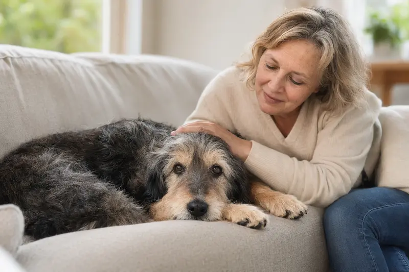 Ein älterer Ariégeois Hund liegt entspannt auf einem Sofa, während sein Besitzer ihn liebevoll streichelt.
