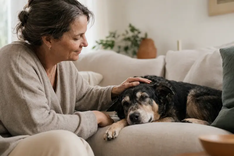 Ein älterer Armant Hund liegt entspannt auf einem gemütlichen Sofa, während sein Besitzer ihm liebevoll über den Kopf streichelt.