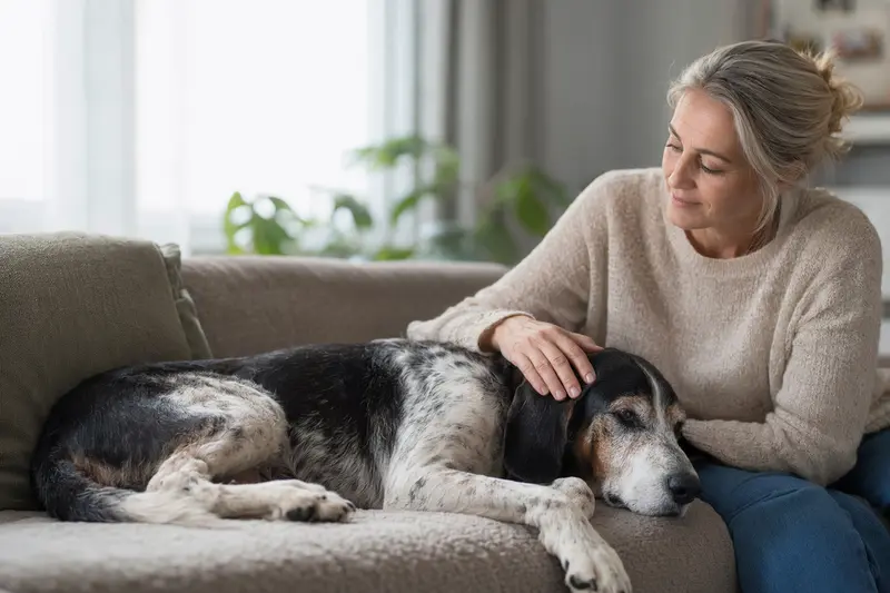 Ein älterer Artois Hound liegt entspannt auf einem Sofa, während sein Besitzer ihn liebevoll streichelt und dabei eine warme, fürsorgliche Atmosphäre entsteht.