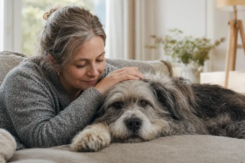 Ein älterer Atlas Sheepdog Hund liegt entspannt auf einem gemütlichen Sofa, während sein Besitzer ihn liebevoll streichelt und eine warme Lichtstimmung herrscht.
