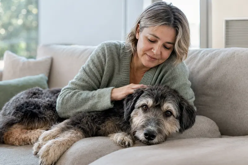 Ein älterer Aussiedoodle Hund entspannt auf einem Sofa, während sein Besitzer ihn liebevoll streichelt.