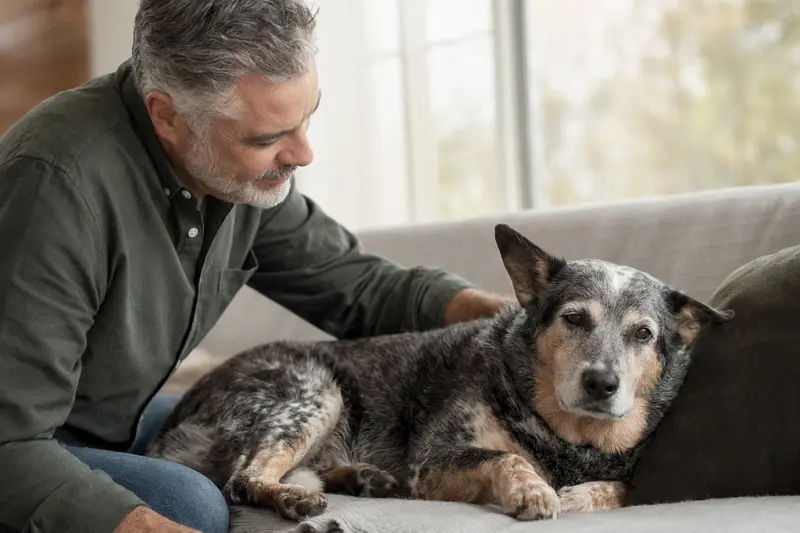 Ein älterer Australian Cattle Dog entspannt auf einem Sofa, während sein Besitzer ihn liebevoll streichelt.