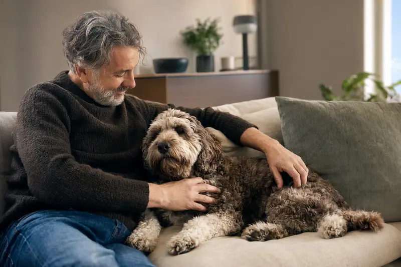 Älterer Australian Cobberdog liegt entspannt auf dem Sofa, während sein Besitzer ihn liebevoll streichelt.