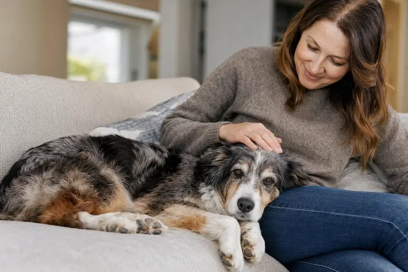 Ein älterer Australian Shepherd Hund liegt gemütlich auf einem Sofa, während sein Besitzer ihn liebevoll streichelt.