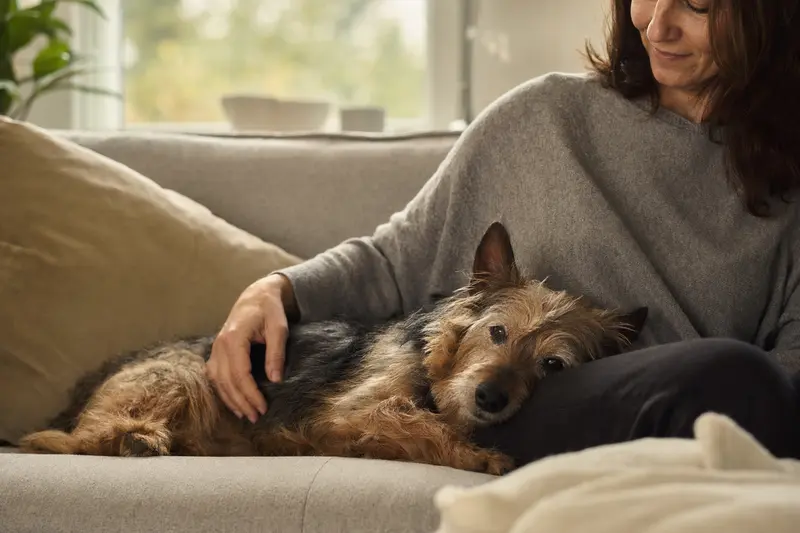Ein älterer Australian Terrier Hund liegt entspannt auf einem Sofa, während sein Besitzer ihn liebevoll streichelt.