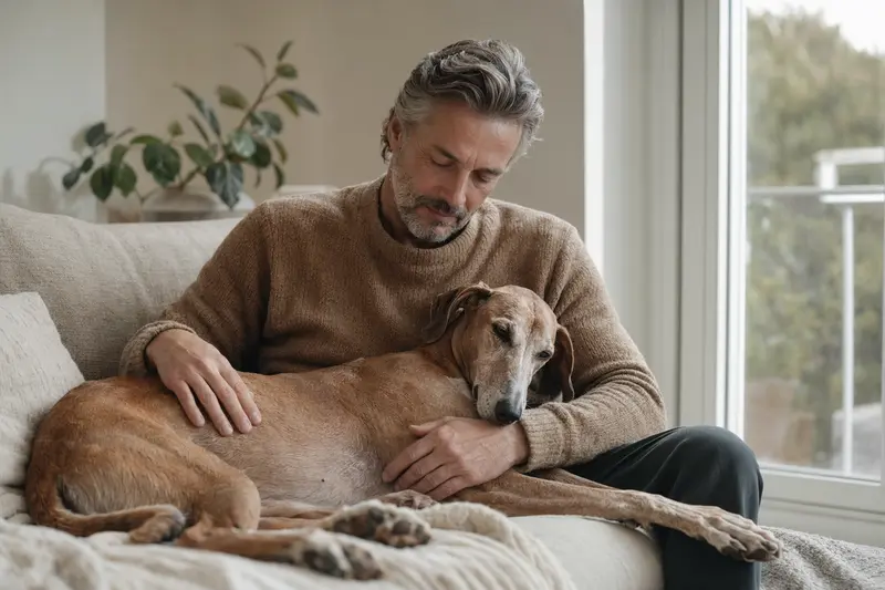 Ein älterer Azawakh Hund entspannt auf einem Sofa, während sein Besitzer ihn liebevoll streichelt.