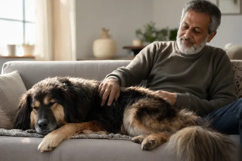 Ein älterer Bakarwal Hund liegt entspannt auf einem gemütlichen Sofa, während sein Besitzer ihn liebevoll streichelt.