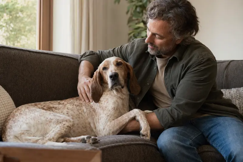 Ein älterer Balearen Laufhund liegt entspannt auf einem gemütlichen Sofa, während sein Besitzer ihn liebevoll streichelt.