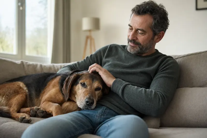 Ein älterer Balkan Bracke Hund liegt entspannt auf einem Sofa, während sein Besitzer ihn liebevoll streichelt.