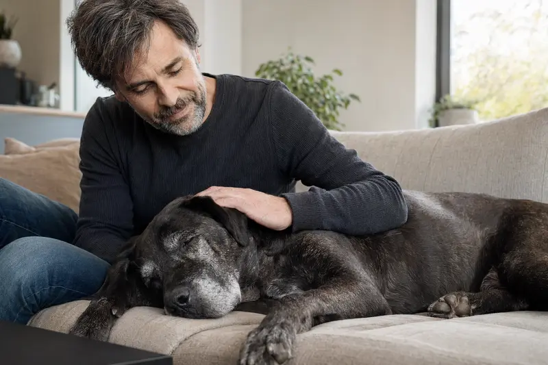 Ein älterer Bandog liegt entspannt auf einem Sofa, während sein Besitzer ihn liebevoll streichelt.