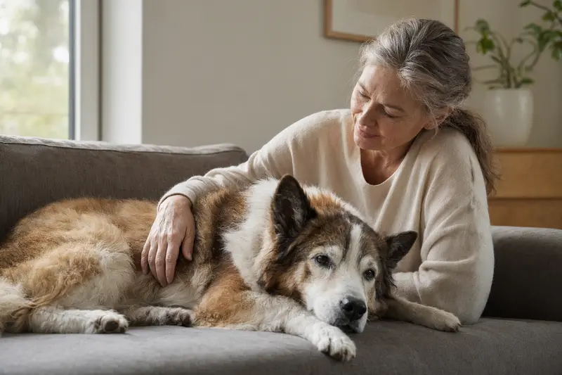 Ein älterer Bangkaew Dog liegt entspannt auf einem Sofa, während sein Besitzer ihn liebevoll streichelt.