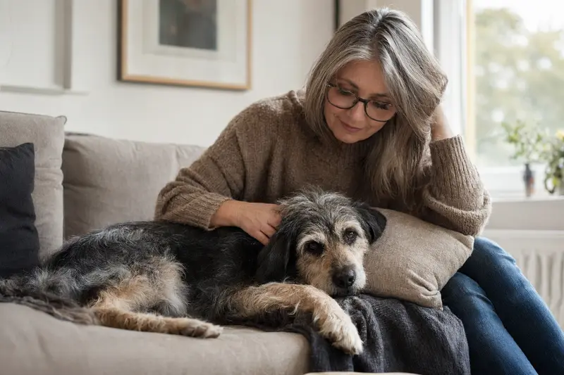 Ein älterer Barac Hund liegt entspannt auf einem Sofa, während sein Besitzer ihn liebevoll streichelt.