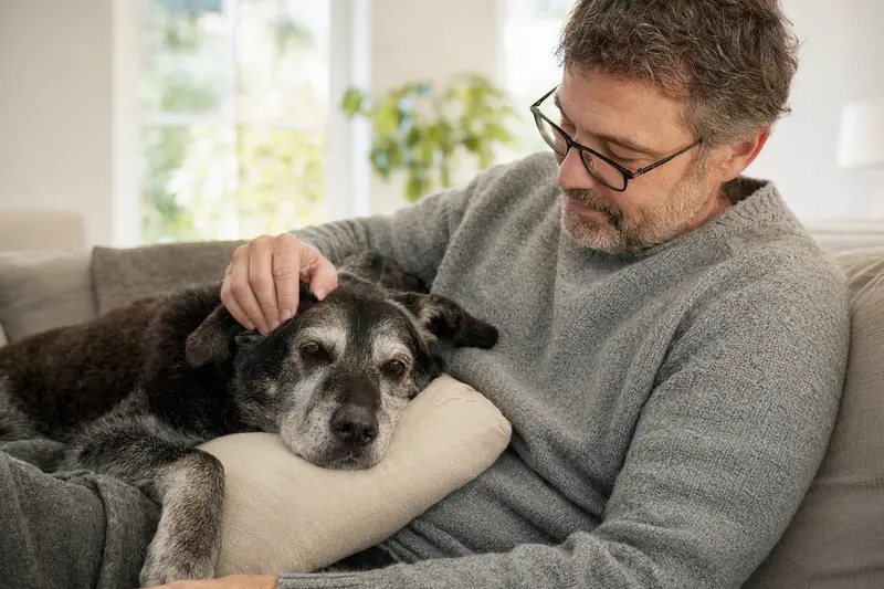 Ein älterer Barak Hund liegt entspannt auf einem gemütlichen Sofa, während sein Besitzer ihn liebevoll streichelt.