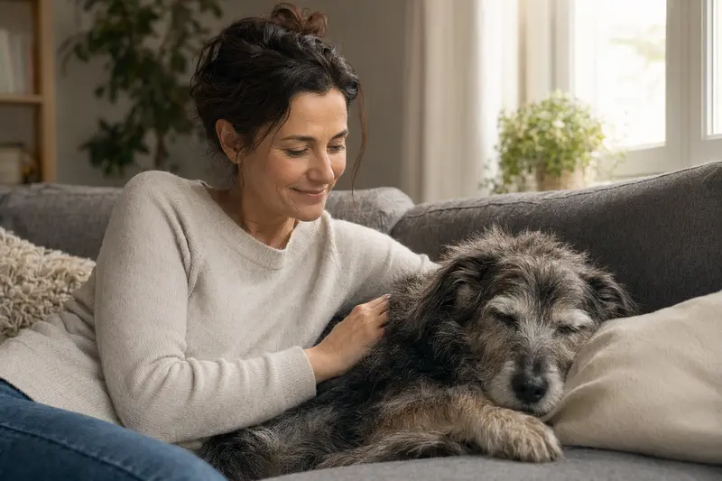Ein älterer Barb Hund liegt entspannt auf einem Sofa, während sein Besitzer ihn liebevoll streichelt und eine freundliche Atmosphäre der Fürsorge entsteht.