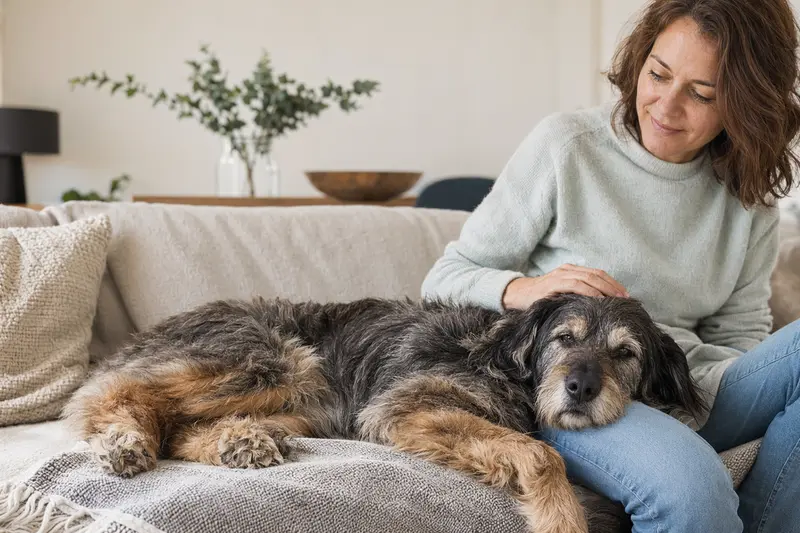 Ein älterer Bardino Hund liegt entspannt auf einem Sofa, während sein Besitzer ihn liebevoll streichelt.