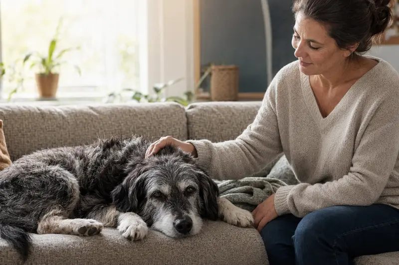 Ein älterer Barzaia Hund entspannt auf einem Sofa, während sein Besitzer ihn liebevoll streichelt und eine warme, einladende Atmosphäre schafft.