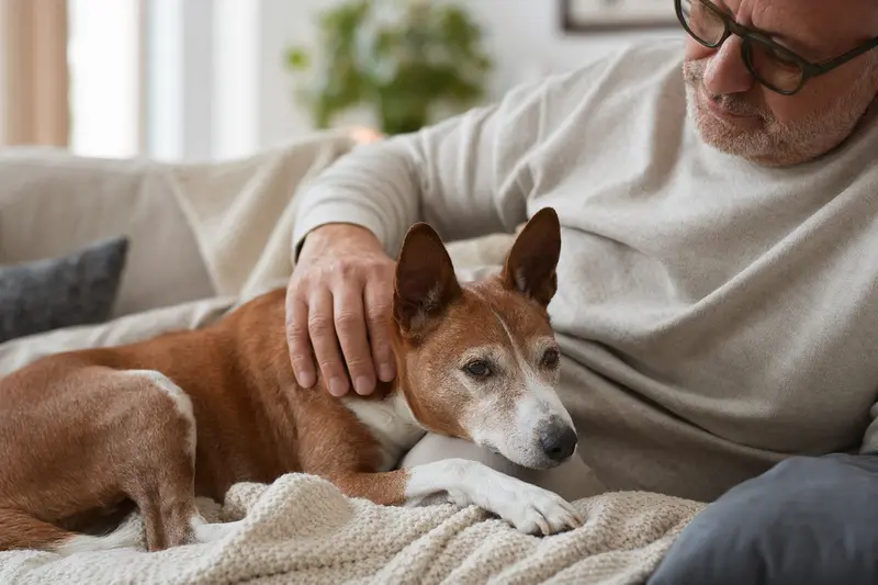Ein älterer Basenji Hund entspannt auf einem Sofa, während sein Besitzer ihn liebevoll streichelt und eine warme Lichtstimmung erzeugt wird.