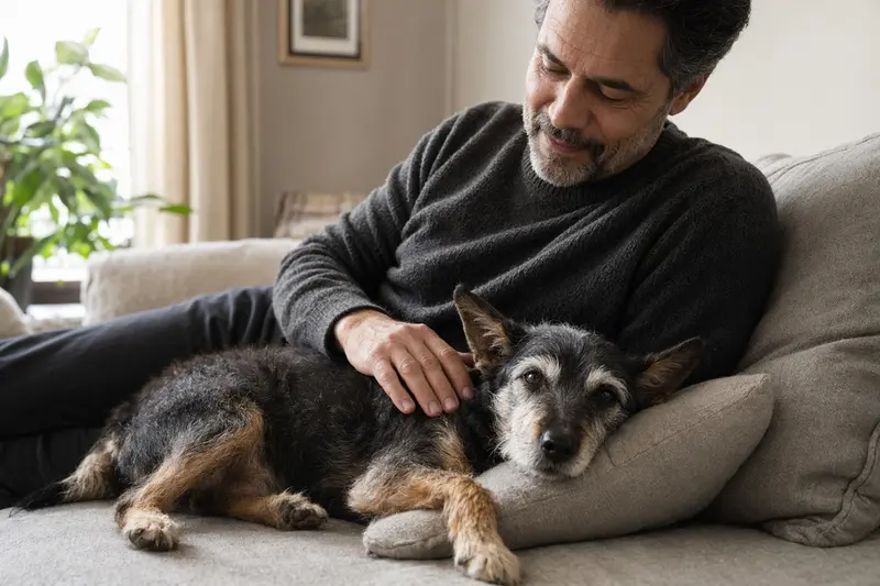 Ein älterer Baskischer Ratero Hund liegt entspannt auf einem Sofa, während sein Besitzer ihn liebevoll streichelt.