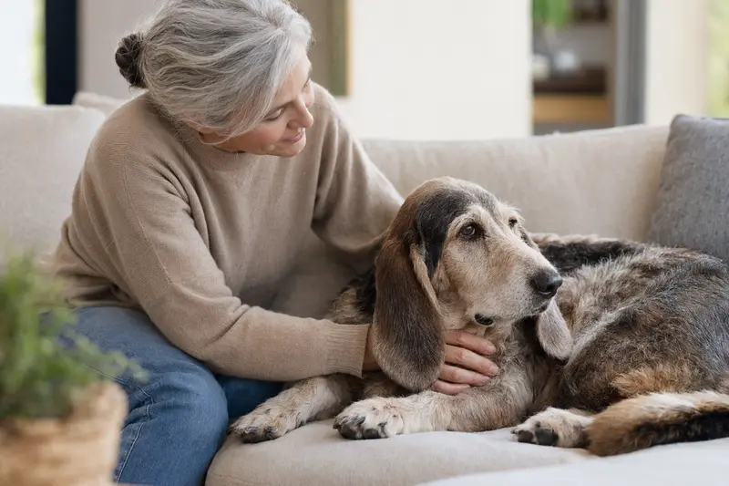 Ein älterer Basset artésien normand Hund liegt entspannt auf einem Sofa, während sein Besitzer ihn liebevoll streichelt.