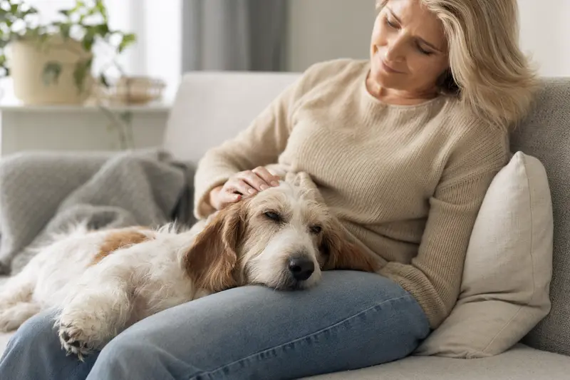 Ein älterer Basset d'Artois Hund liegt entspannt auf einem Sofa, während sein Besitzer ihn liebevoll streichelt.