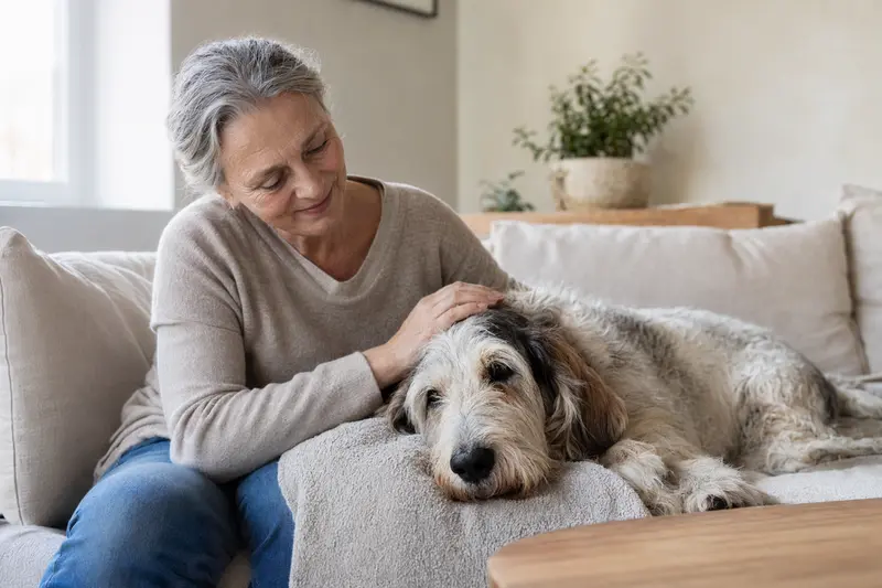 Ein älterer Basset Griffon Vendeen (Petit) liegt entspannt auf einem gemütlichen Sofa, während sein Besitzer ihn liebevoll streichelt.
