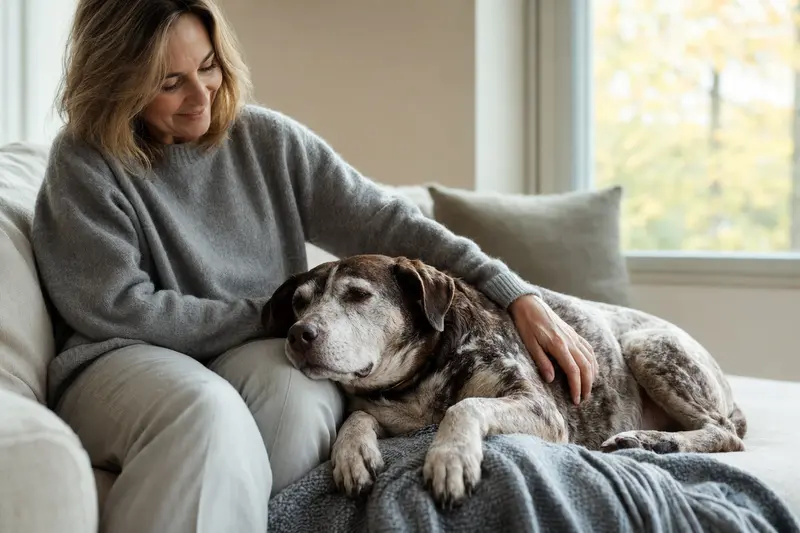 Ein älterer Bawarski Sokol Hund liegt entspannt auf einem Sofa, während sein Besitzer ihn liebevoll streichelt, was ein Gefühl von Fürsorge und Sicherheit vermittelt.