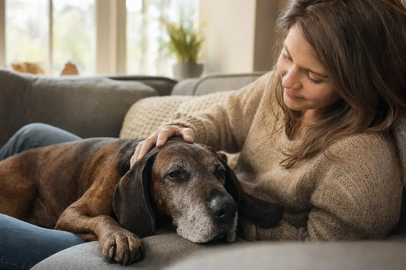 Ein älterer Bayerischer Gebirgsschweißhund entspannt auf einem Sofa, während sein Besitzer ihn liebevoll streichelt.