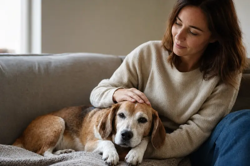 Ein älterer Beagle-Harrier liegt entspannt auf einem Sofa, während sein Besitzer ihn liebevoll streichelt.