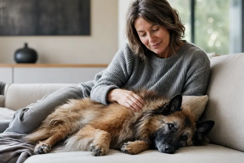 Ein älterer Belgischer Schäferhund Tervueren liegt entspannt auf einem Sofa, während sein Besitzer ihn liebevoll streichelt.