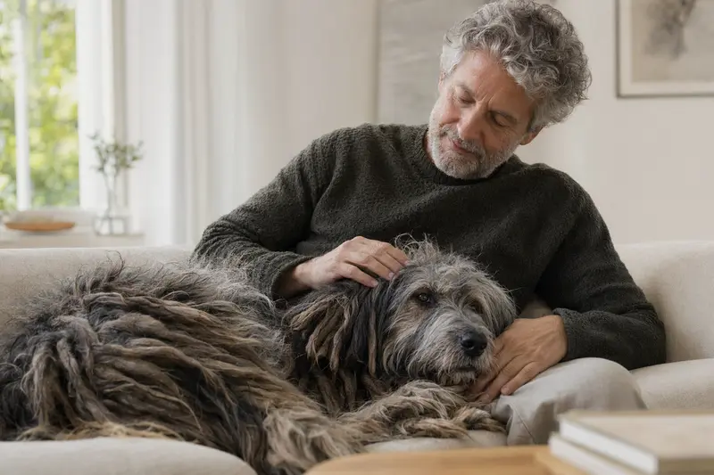 Ein entspannter Bergamasco Shepherd Dog liegt liebevoll gestreichelt auf einem Sofa, was ein Gefühl von Fürsorge und Sicherheit vermittelt.
